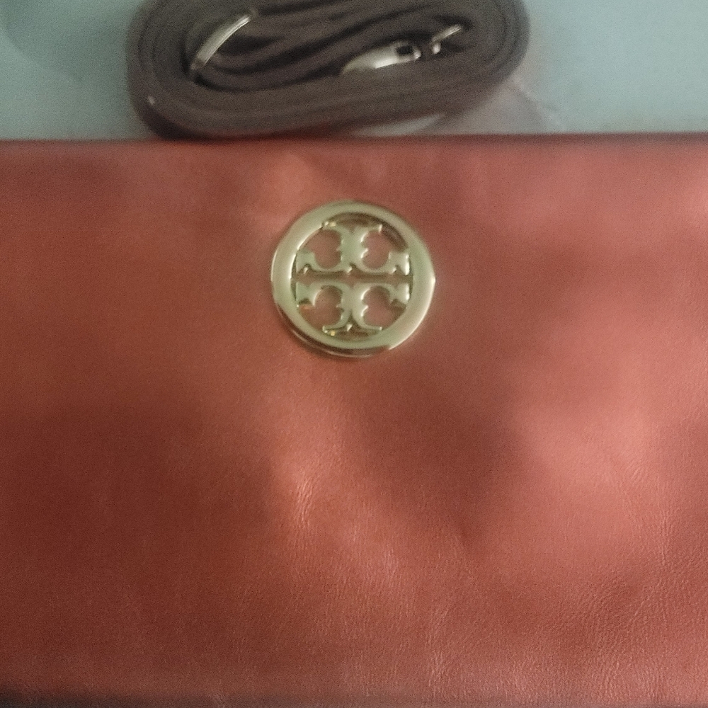Tory Burch Pink/Coral Gold Logo Nylon Medium Wristlet/Crossbody Wallet